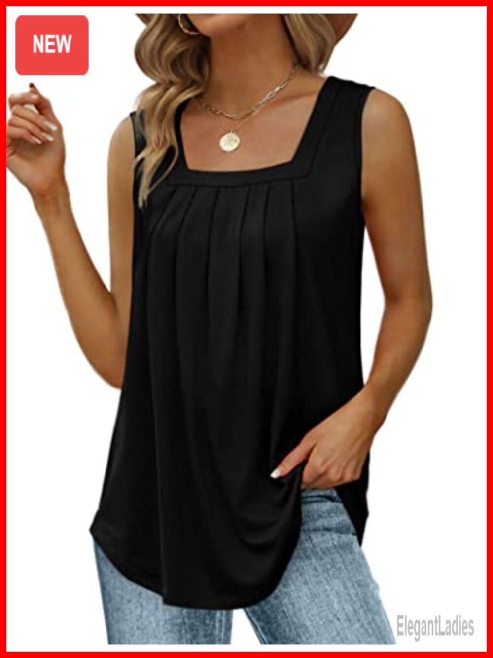 Women's Loose Fit Pleated Square Neck Sleeveless Tank Top Curved Hem Flowy